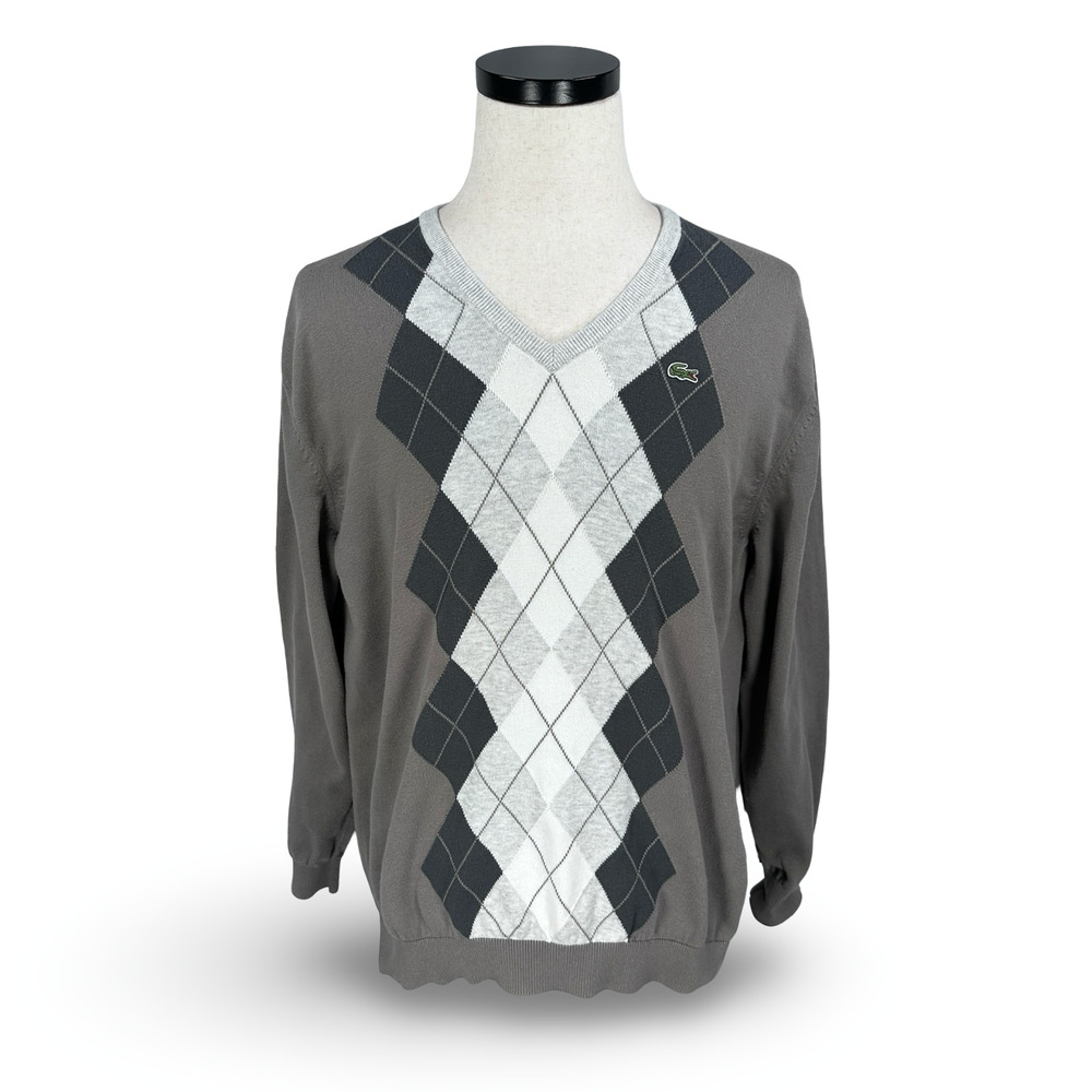 Lacoste Sweater Men’s 6 Gray White Black Argyle Knit V-Neck Long Sleeve Pullover